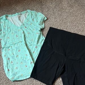 Paisley Sky Mint Floral V-Neck Tee with Black Maternity Shorts